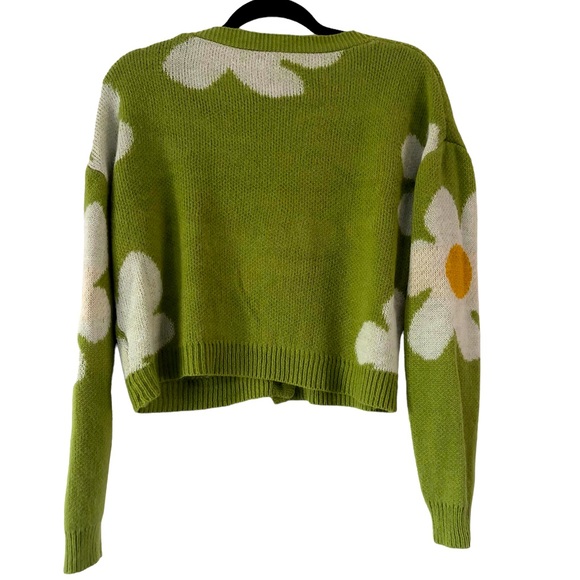 Shein Cropped Green Daisy Floral Oversized Boxy Cardigan Sweater - Picture 2 of 5